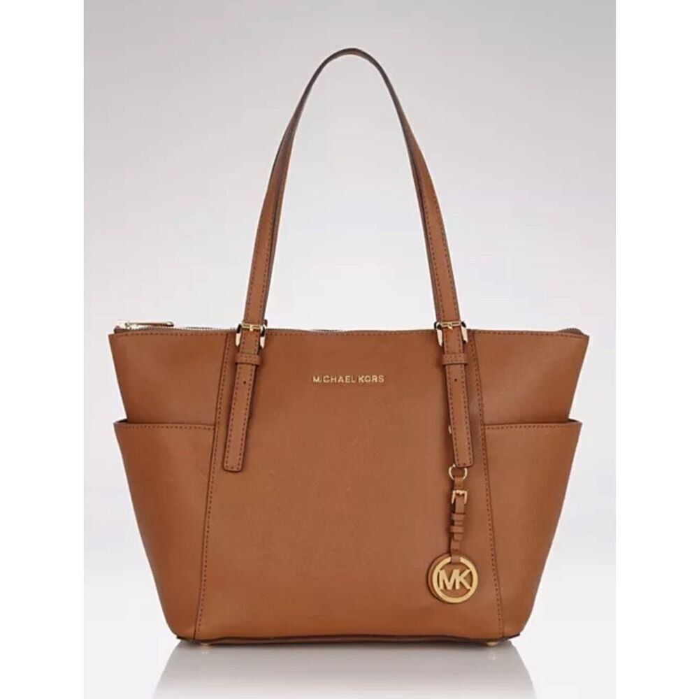 Michael Kors Womens Jet Set Zip Saffiano Leather Tote Shoulder Bag Brown Medium‎